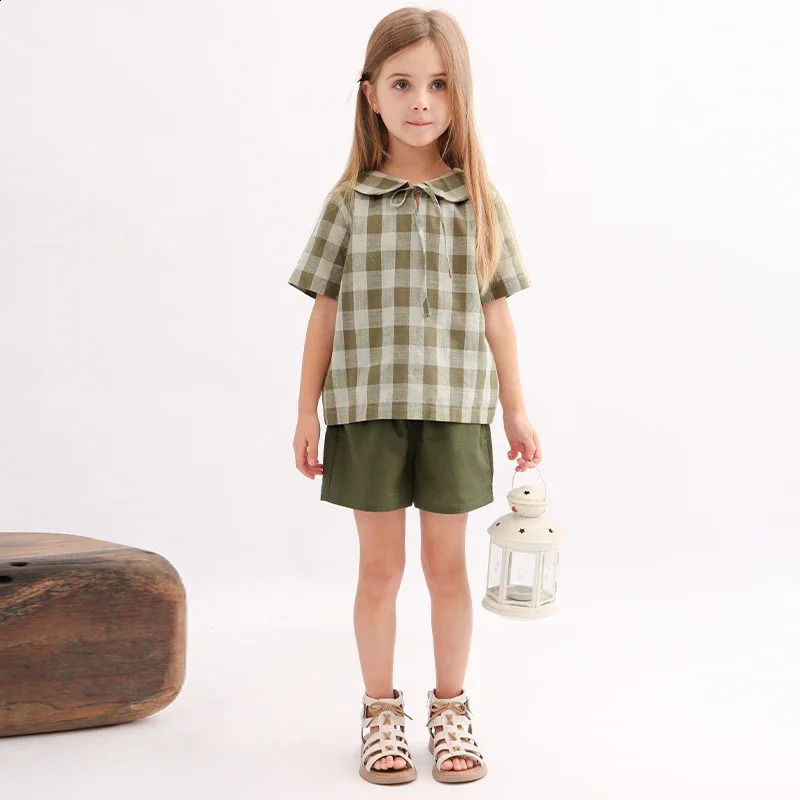 Retro Cotton Linen Green Plaid Shirt For Girls Summer Japanese Children College Style Tie Doll Collar Short-Sleeved T-Shirts 250411