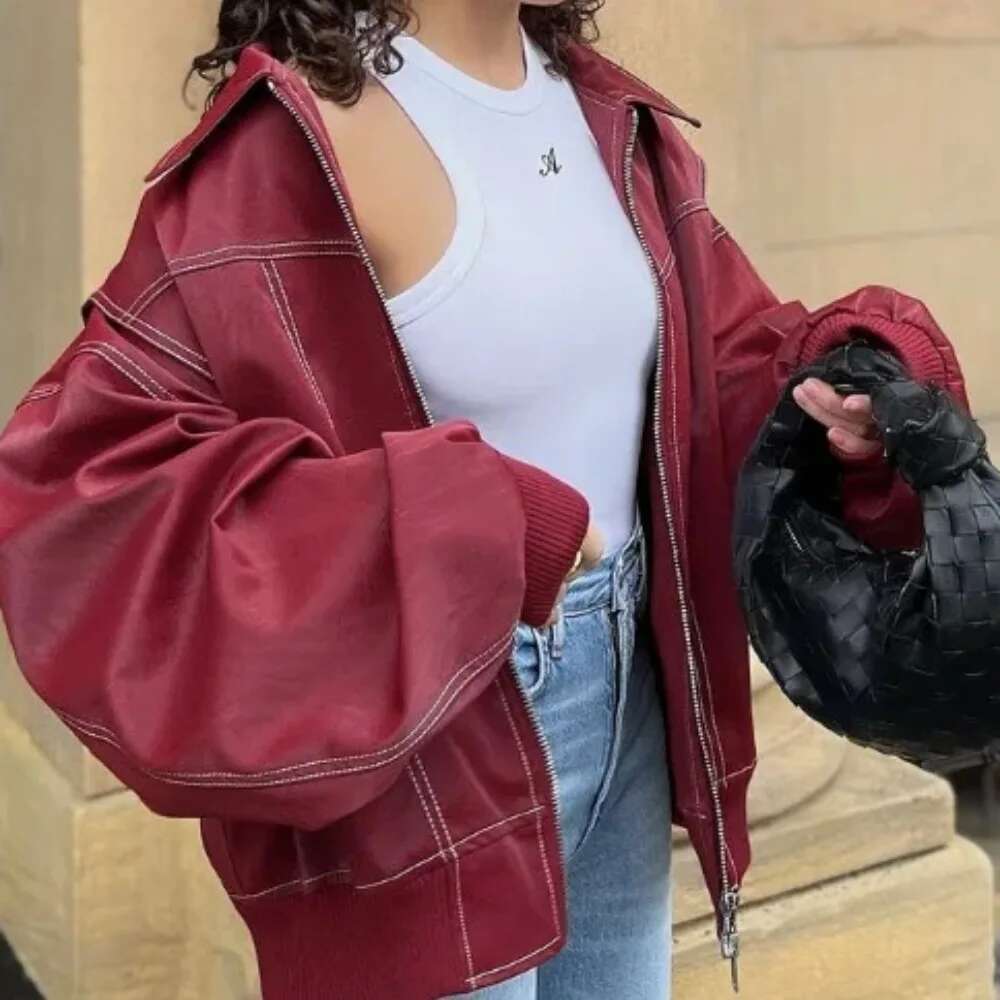 Fashion Patchwork Lapel Long Sleeve Coats Vintage Red Zipper Leather Jacket For Women 2025 Autumn Winter Female Casual Outerwear