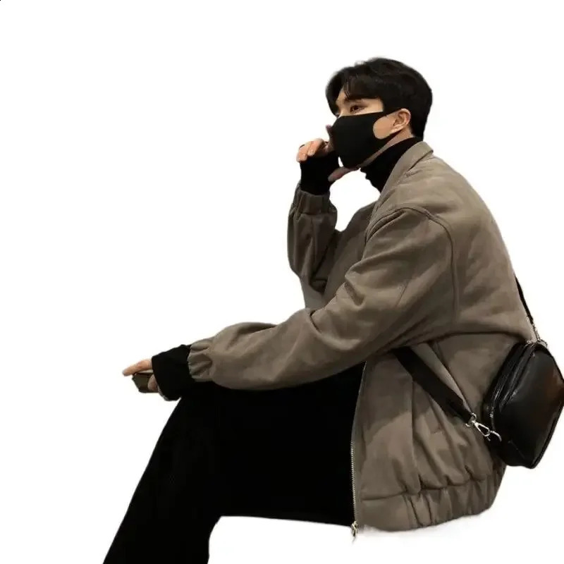 Trendy Chamois Leather Jacket Mens Loose-fit Versatile Lapel Jacket Korean Style Sensibility Spring Casual Scene 250409