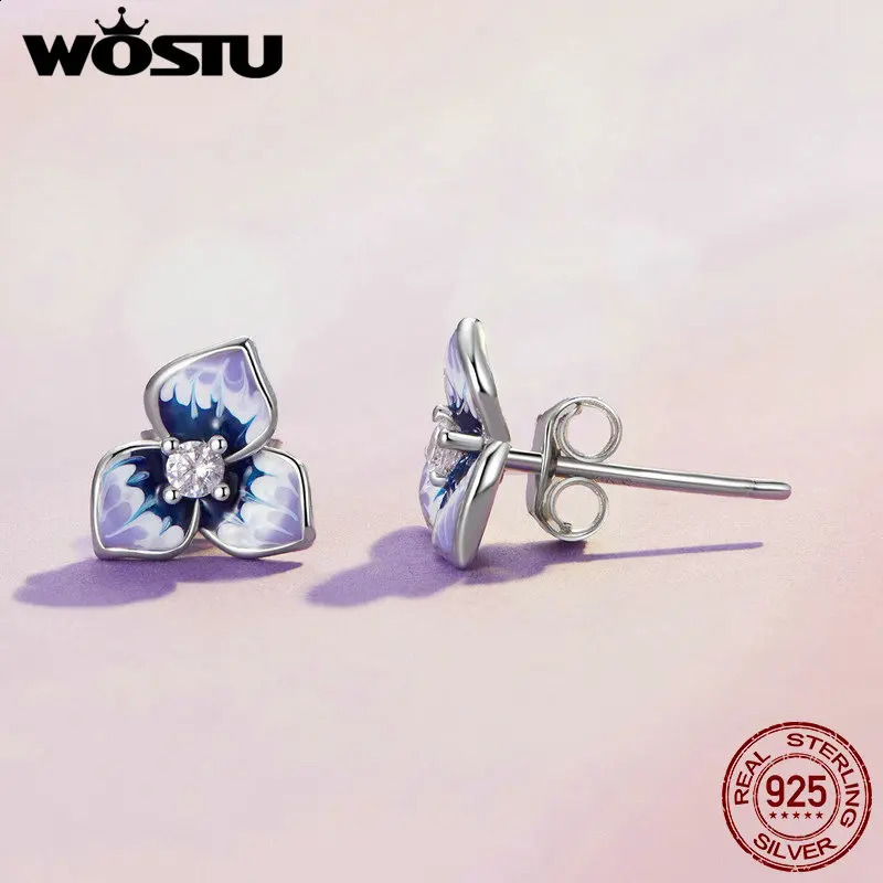WOSTU 925 sterling silver purple tricolor violet flower stud earrings womens original color changing zircon stud earrings party jewelry 250409