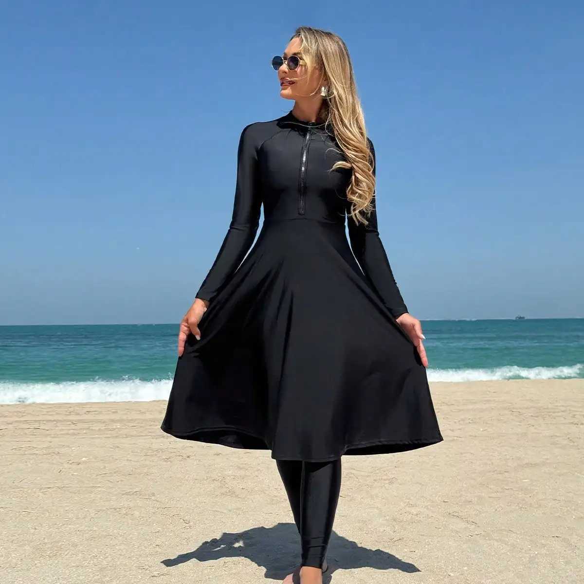 Elegant Black Womens Flesh-Covering Slimming Zipper Long-Sleeved Dress Pants Seaside Sun Protection Swimsuit Beach SuitW251113