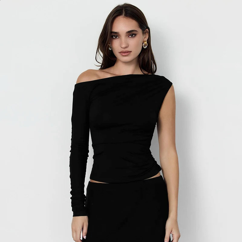 CUTENOVA Womens Autumn Irregular Top Slant Collar Solid Color Single Sleeve Strapless Micro Wrinkle Fashion Y2K 250407
