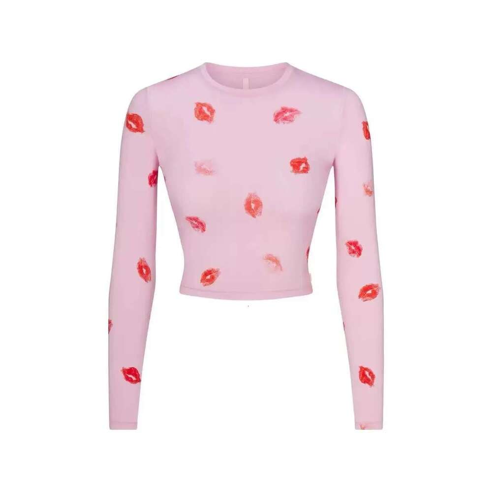 Women's Wear Ski New Valentine's Day Series Red Lips Print Sleeve T-Shirt Long Pants Slim Fit Pamas Set