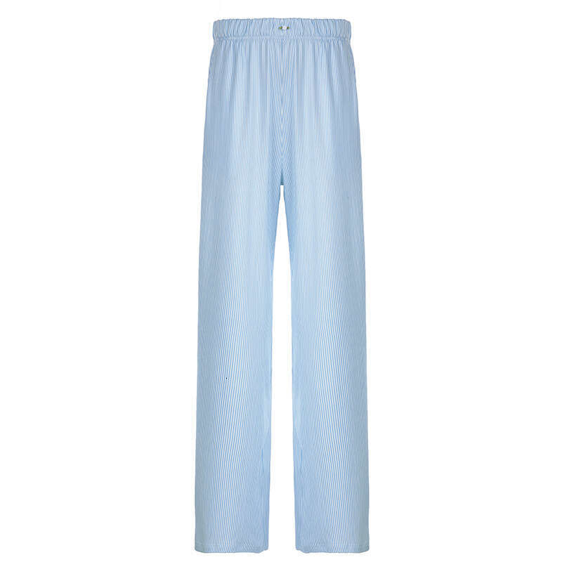 Women's striped patchwork contrasting high waisted drawstring loose straight woven fashionable casual comfortable pants