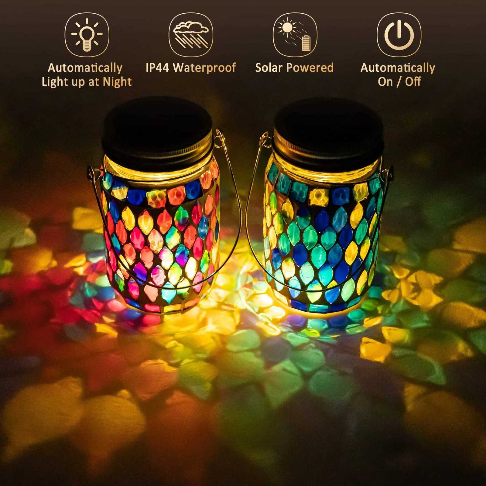 Solar Mosaic Lantern Hanging Mason Jar Glass Lights Outdoor Waterproof Table Lamp Decoration for Garden Patio Party Yard Balcony M251113
