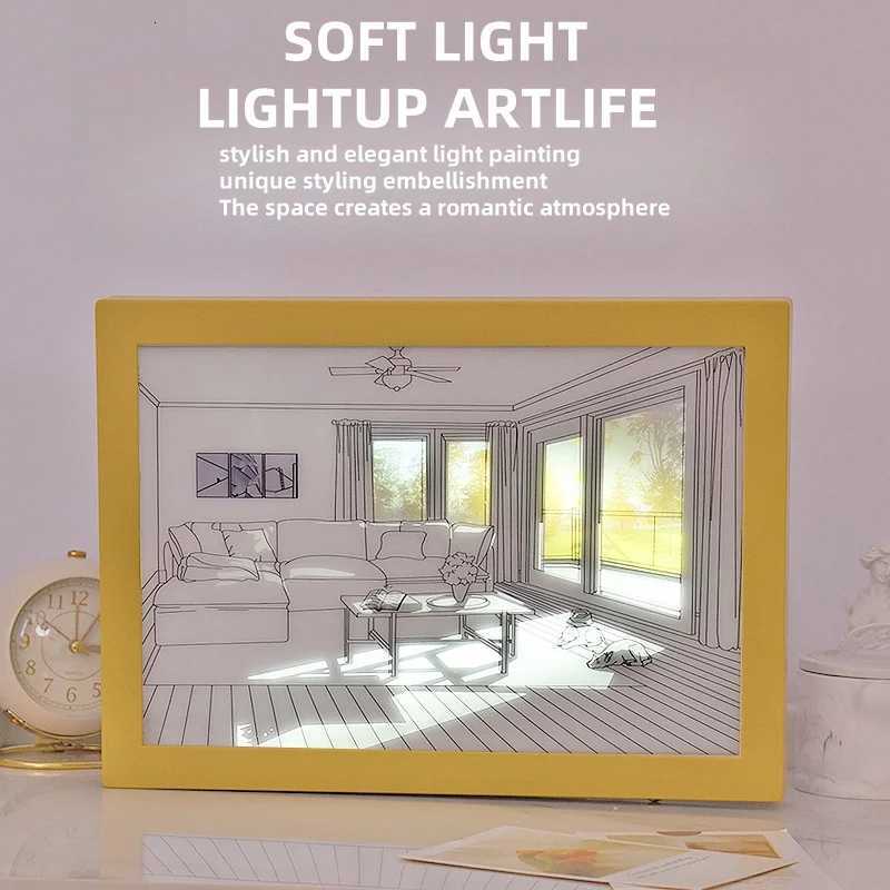 Beautiful LED Light Painting Indoor Sunlight Window Wooden Photo Light Dimming Wall Artwork Table Lamp Home Decor Night Lamp M251113