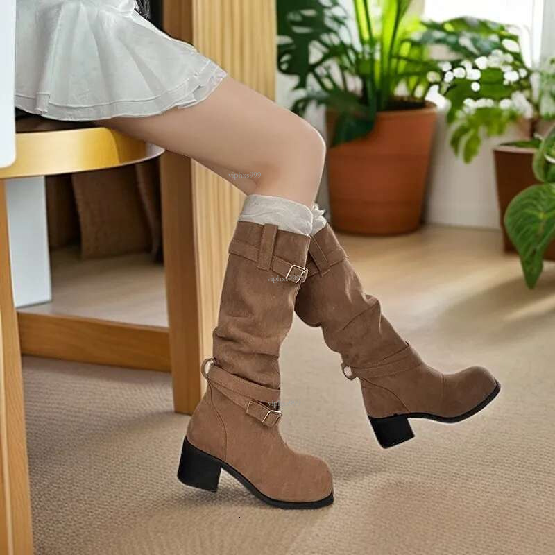 New Free Shipping Designer Shoes Long Leg Knight Women's Spring And Autumn New Style Thick Heel Western Cowboy Boots High Leg Slimming Pleated Pi
