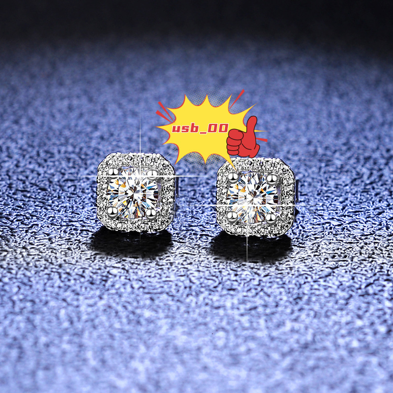 Moissanite Iced Out Hip Hop Sterling Silver 925 White Gold Plated Screw Back Square Diamond Stud Earrings