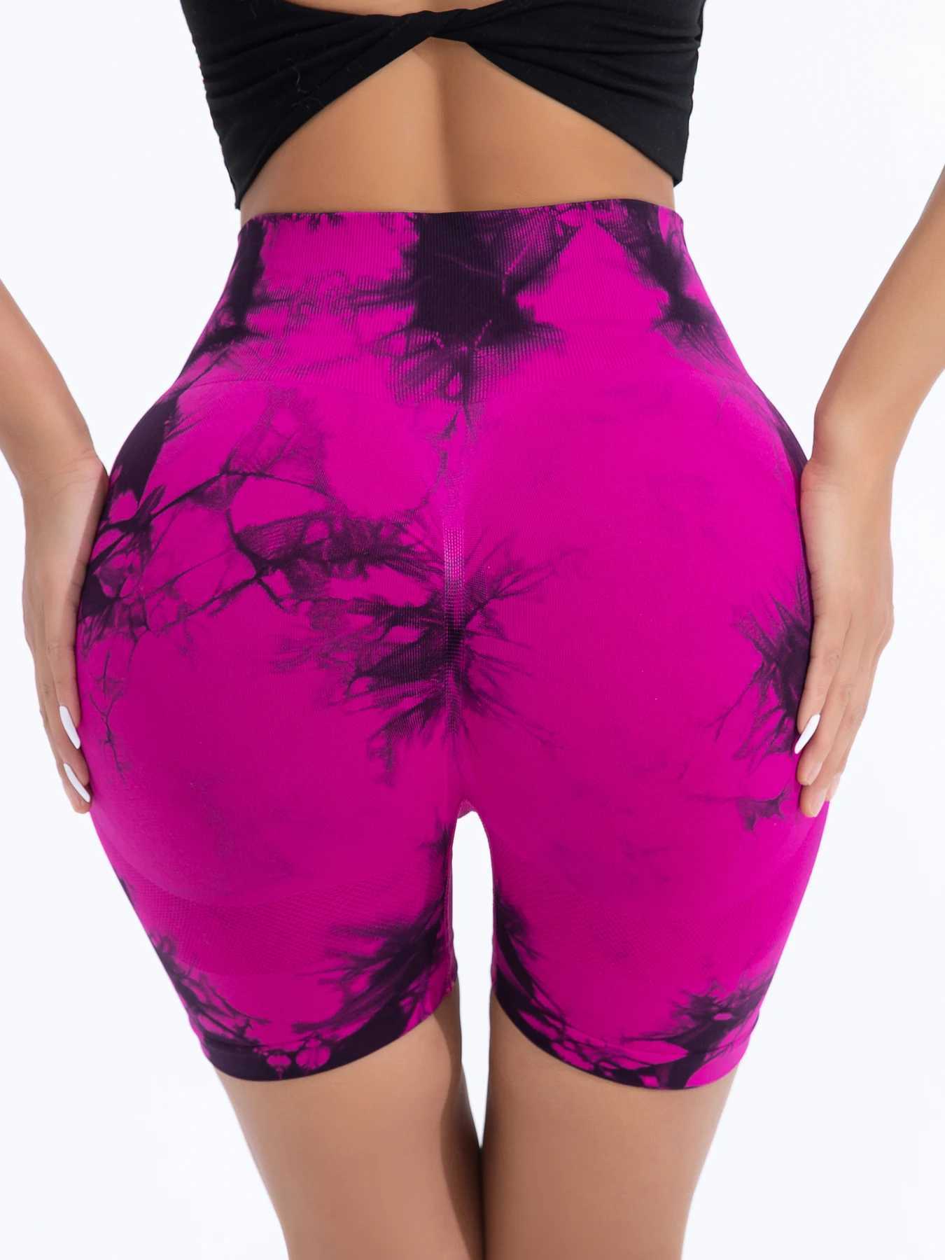 Womens tie dye seamless sports short leg wide elastic band high waist sports short leg Y250412