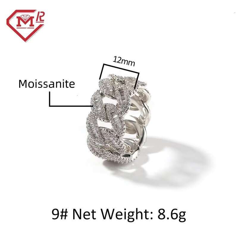 Hip Hop 13MM Baguette Cuban Rings Mens Cuban Ring 925 Sterling Silver Iced Out VVS Hip Hop Moissanite Ring