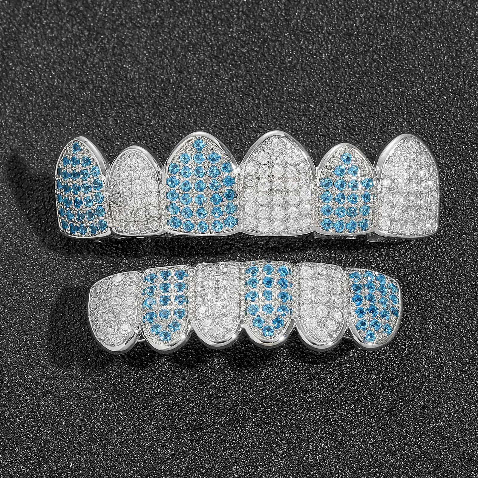 Ailodo Hip Hop Teen Grillz for men and women sparkling white blue cubic zirconia ice out grill a Christmas gift for your teethXJ250412