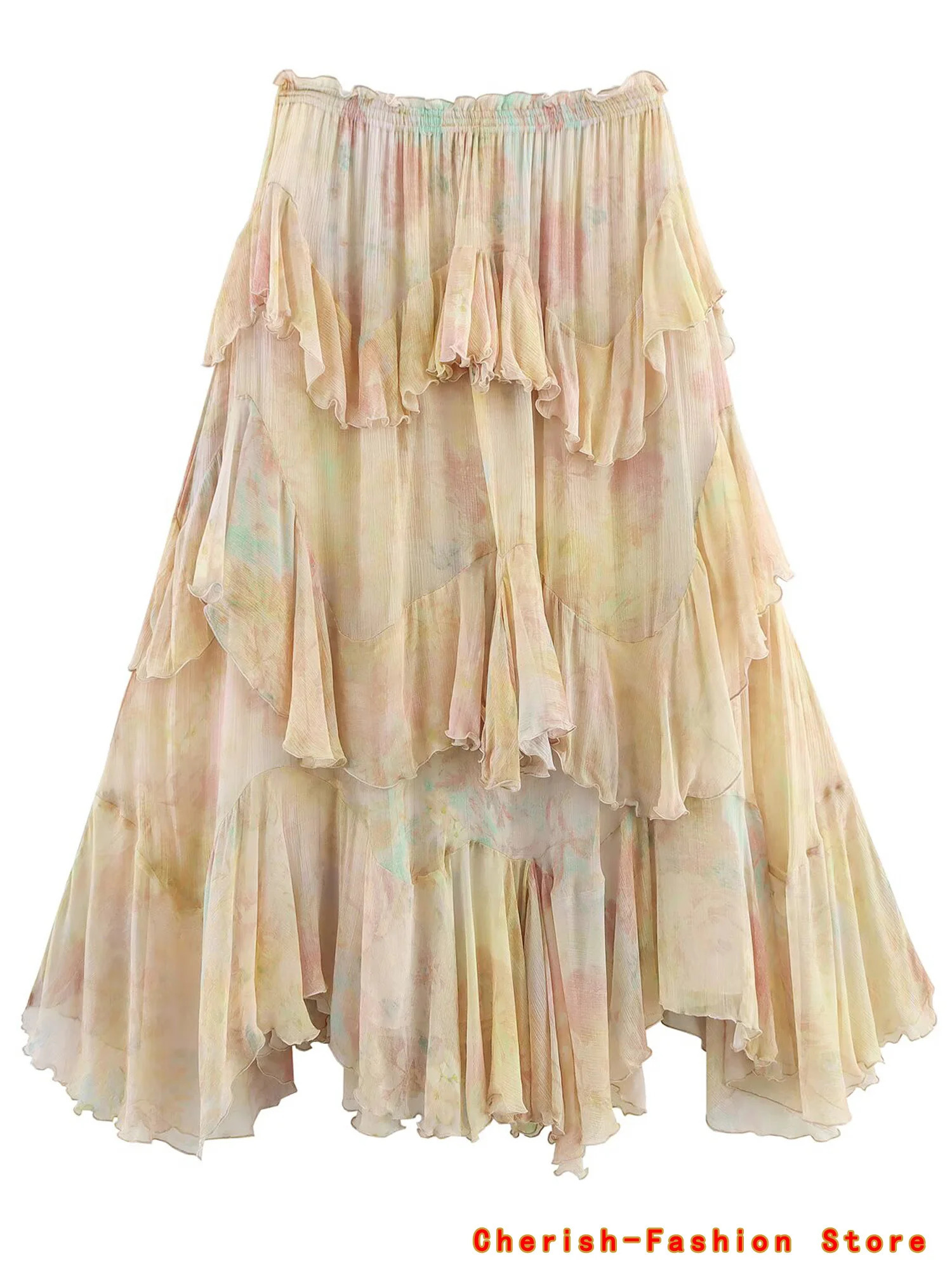 French Style Floral Lace A- Line Skirt Spring Autumn Womens Style Ruffled Skirt Printed Half-length Skirt Polyester Fibe 251112