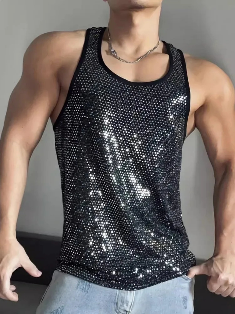 Mens Summer Shiny Sequined Tank Tops Gym Bodybuilding T-Shirt Casual Night Clubwear Tops Training Slim Fit Strap Tees 250407