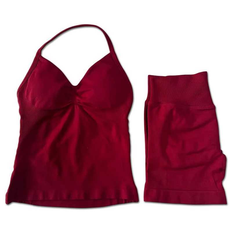 2pcs Impact Gym Set Womens Backless Tank Top High Waist Threaded Seamless Shorts Gym Set Y250412