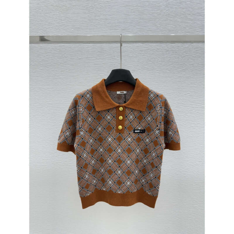 Designer clothing South Oil High Quality M Home 25 Early Spring New Collection, Collar Clash, Checkered Knitted Short Sleeve Women's Wear