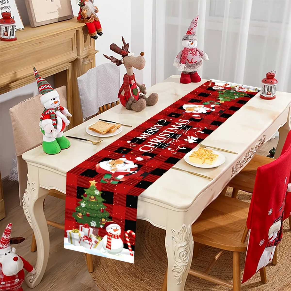 Christmas 1 Piece Christmas Table Runner Red and Black Checkered Pattern with Santa Claus Merry Christmas Text Festive Table Decoration Y251113