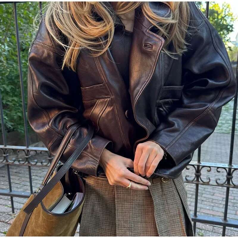 Designer Clothes Vintage Bury Faux Leather Jackets Long Sleeve Single Breasted Pockets Lapel Coats 2024 Autumn Wwinter New Lady Streetwears