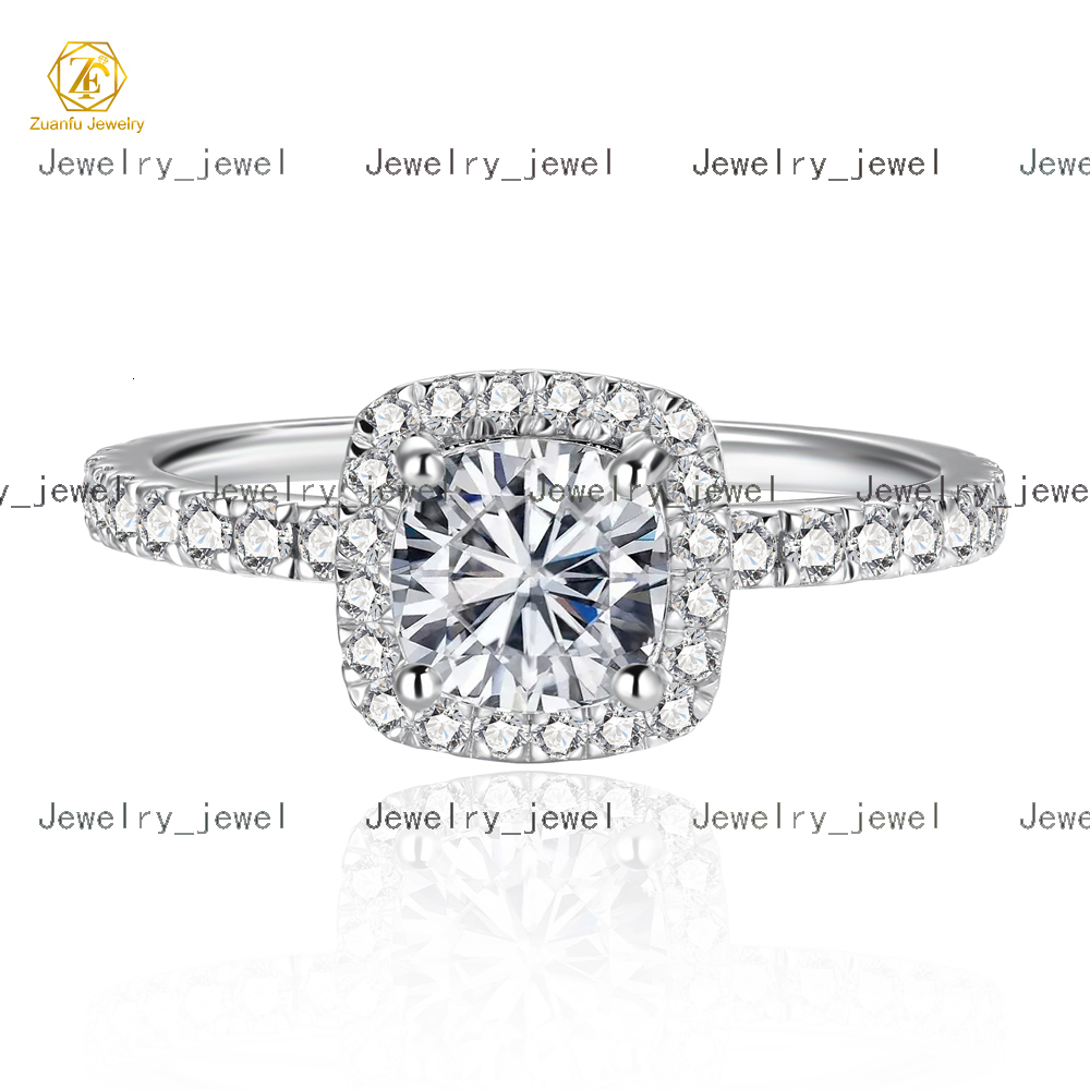 Moissanite Jewelry S925 Silver 1CT 6*6mm Cushion Cut Diamond Halo Moissanite Engagement Wedding Ring