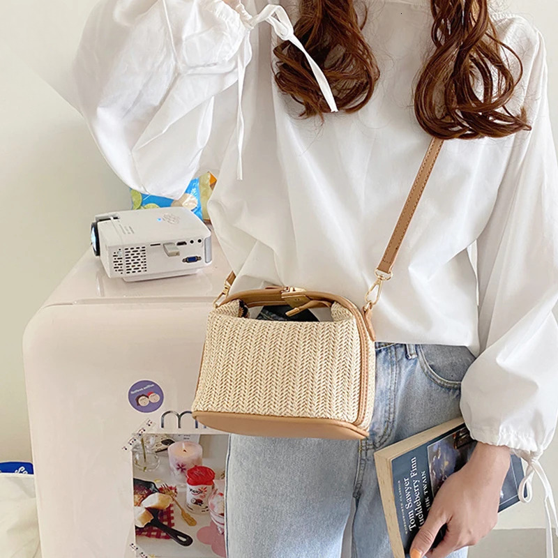 Ydlns Summer Small Straw Handbag Trendy Shoulder Woven Bucket Crossbody Casual Seaside Beach Bag Gilrs Handle Tote