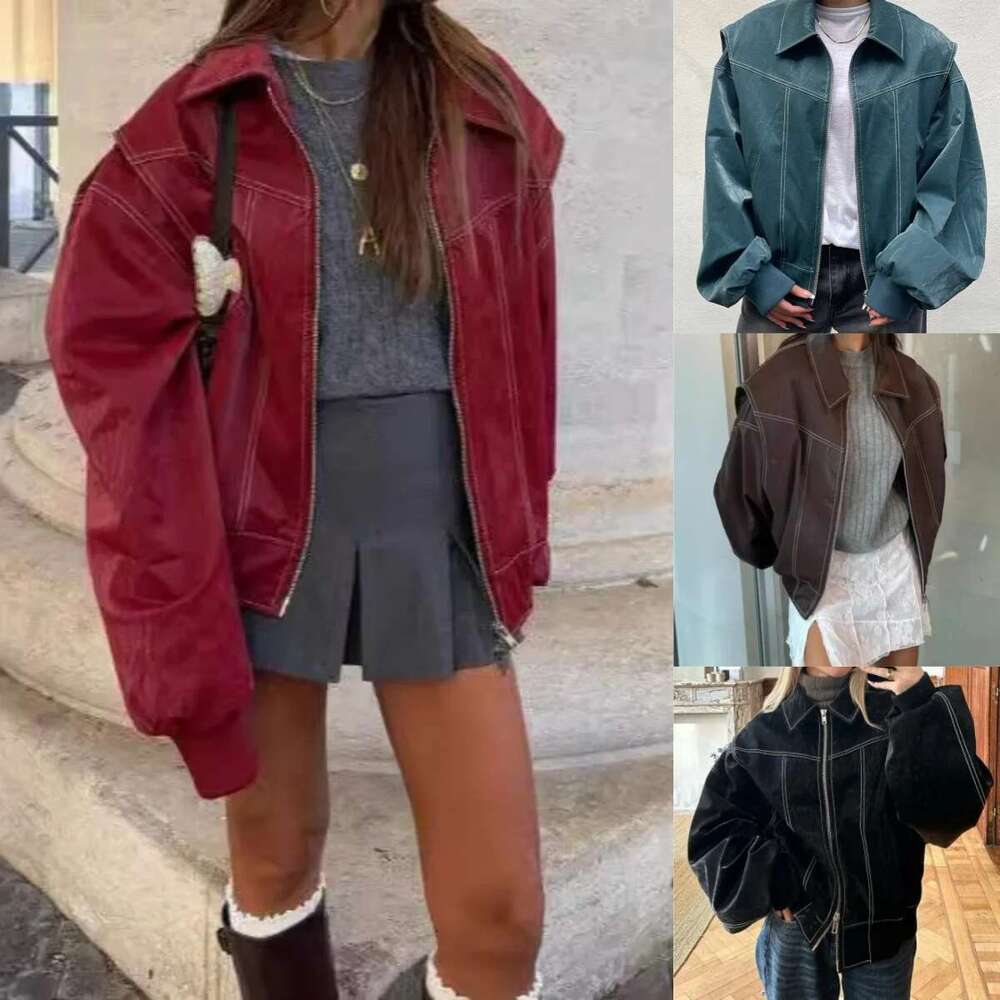 Fashion Patchwork Lapel Long Sleeve Coats Vintage Red Zipper Leather Jacket For Women 2025 Autumn Winter Female Casual Outerwear