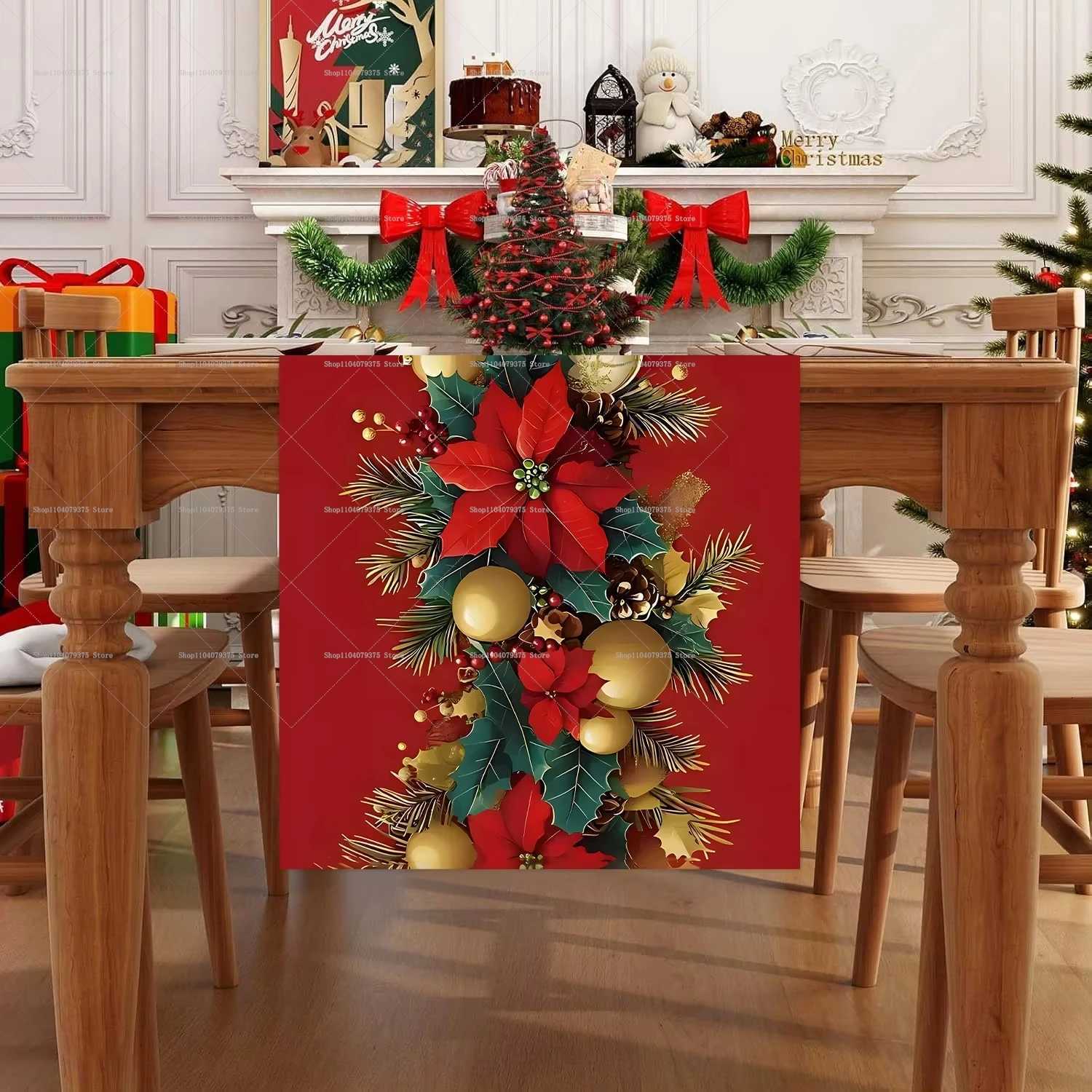 Christmas Christmas Red Leaf Golden Ball Polyester Table Runner Xmas Holiday Poinsettia Gold Ball Table Flag New Year Gift 2026 Y251113