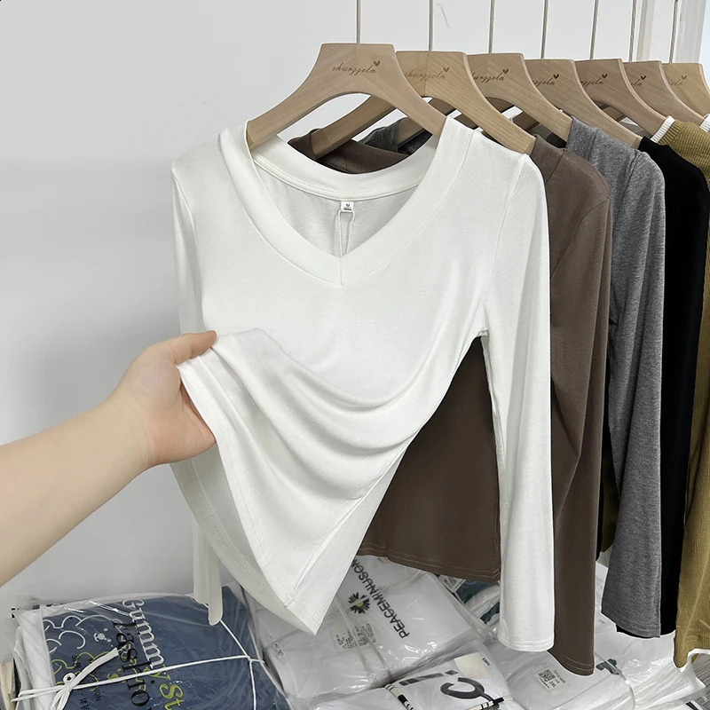 Spring Office Lady Basic Vneck ultrathin Tshirt for womens solid multi matching trend fashion fabric long sleeved elastic 250407