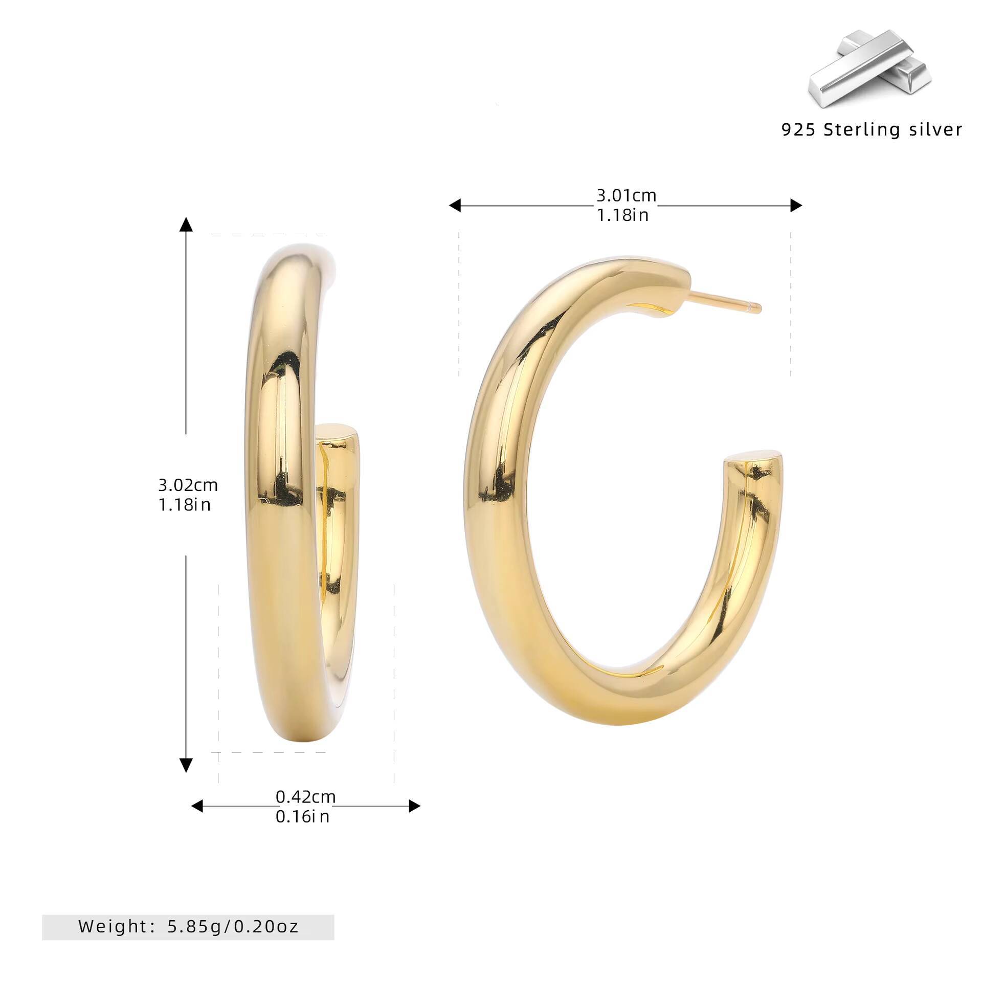 Vintage 925 Sterling Silver C-Shape Hoop Earrings Simple Geometric Design Womens Birthday Wedding Party Jewelry 30 mm Earring