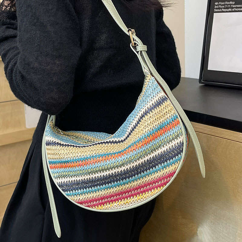 New Forest Fashion Rainbow Grass Weaving Tote for Women's Leisure, Versatile, Western and Rural Style Single Shoulder Crossbody Bag