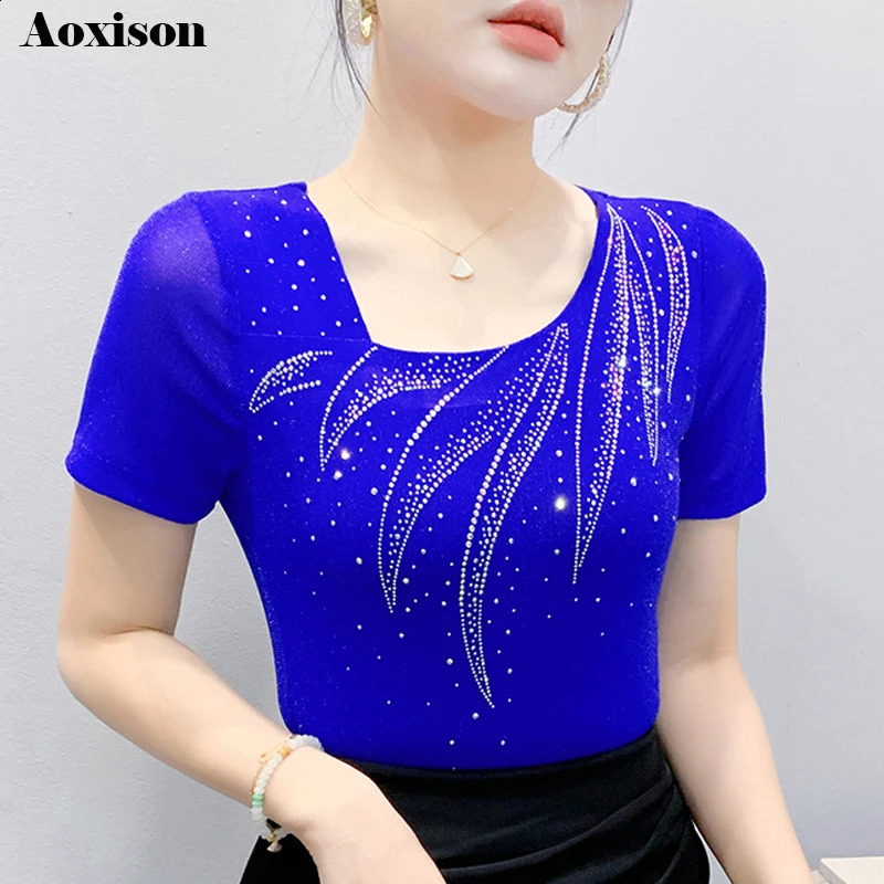 Aoxison Fashion Summer Womens Tshirt Diamond Vneck Short Sleeve Mesh Elegant Casual Slimming Top 250407