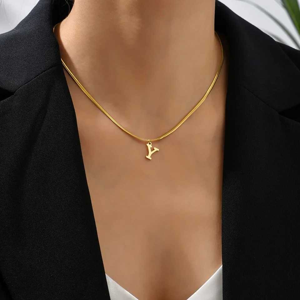 A-Z Alphabet Gold Plated Stainless Steel Pendant Necklace for Women Snake Chain Initial Letter Clavicle Necklaces Collar Jewelry Z250412