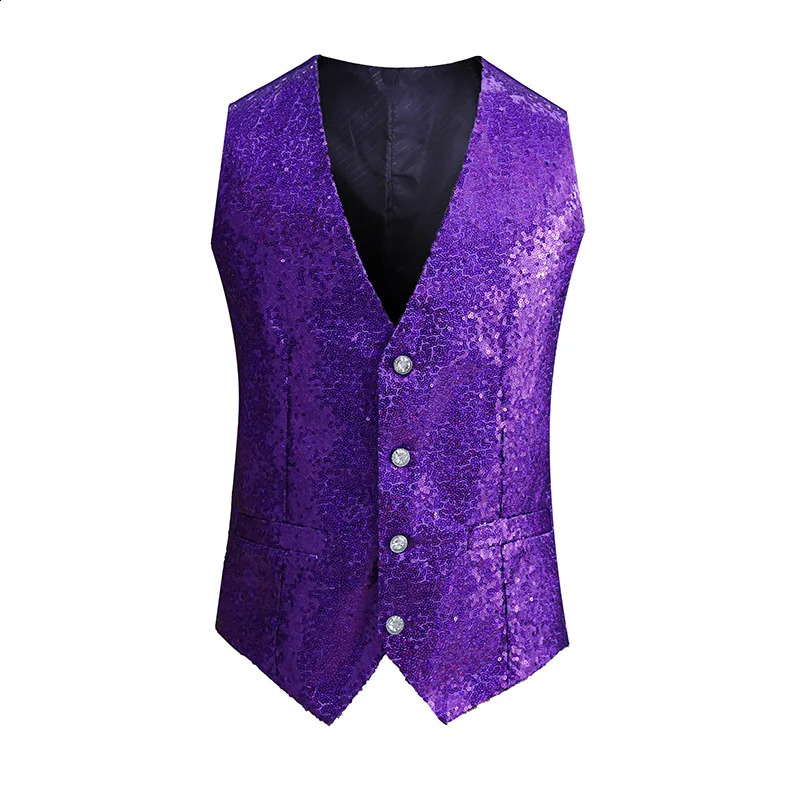 Red Shiny Sequins Single Breasted Sleeveless Vest Mens V-Neck Waistcoat Gold Black White Blue Purple Available M L XL XXL XXXL 250407