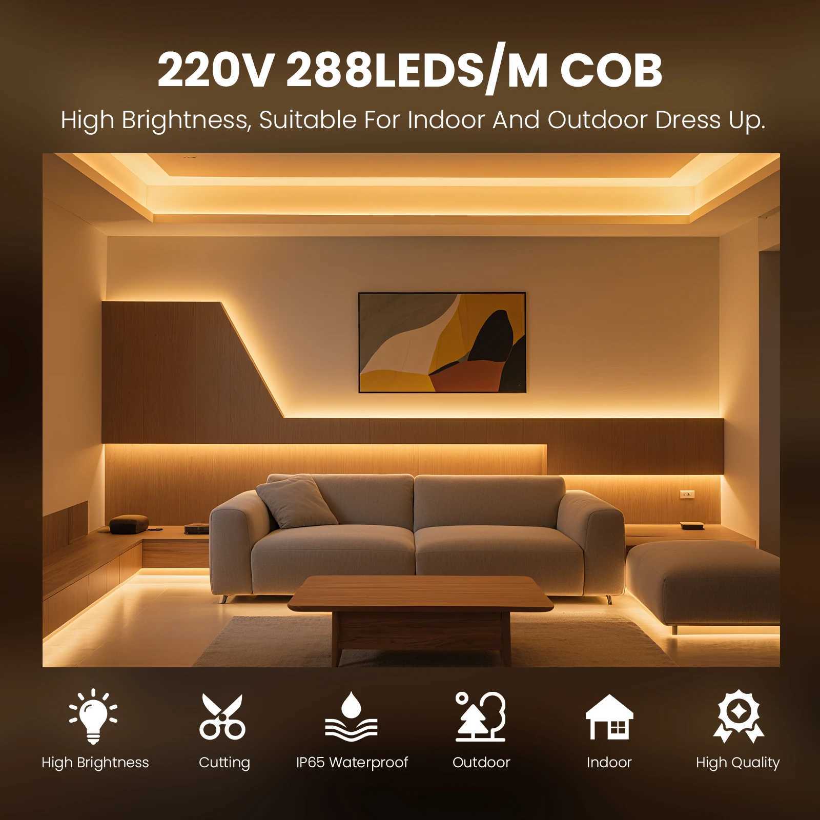 220V Dimmable COB LED Neon Strip Light With Switch/Dimmer Plug Waterproof 288Leds/M High Quality Neon Strip Garden Home Lighting W251112