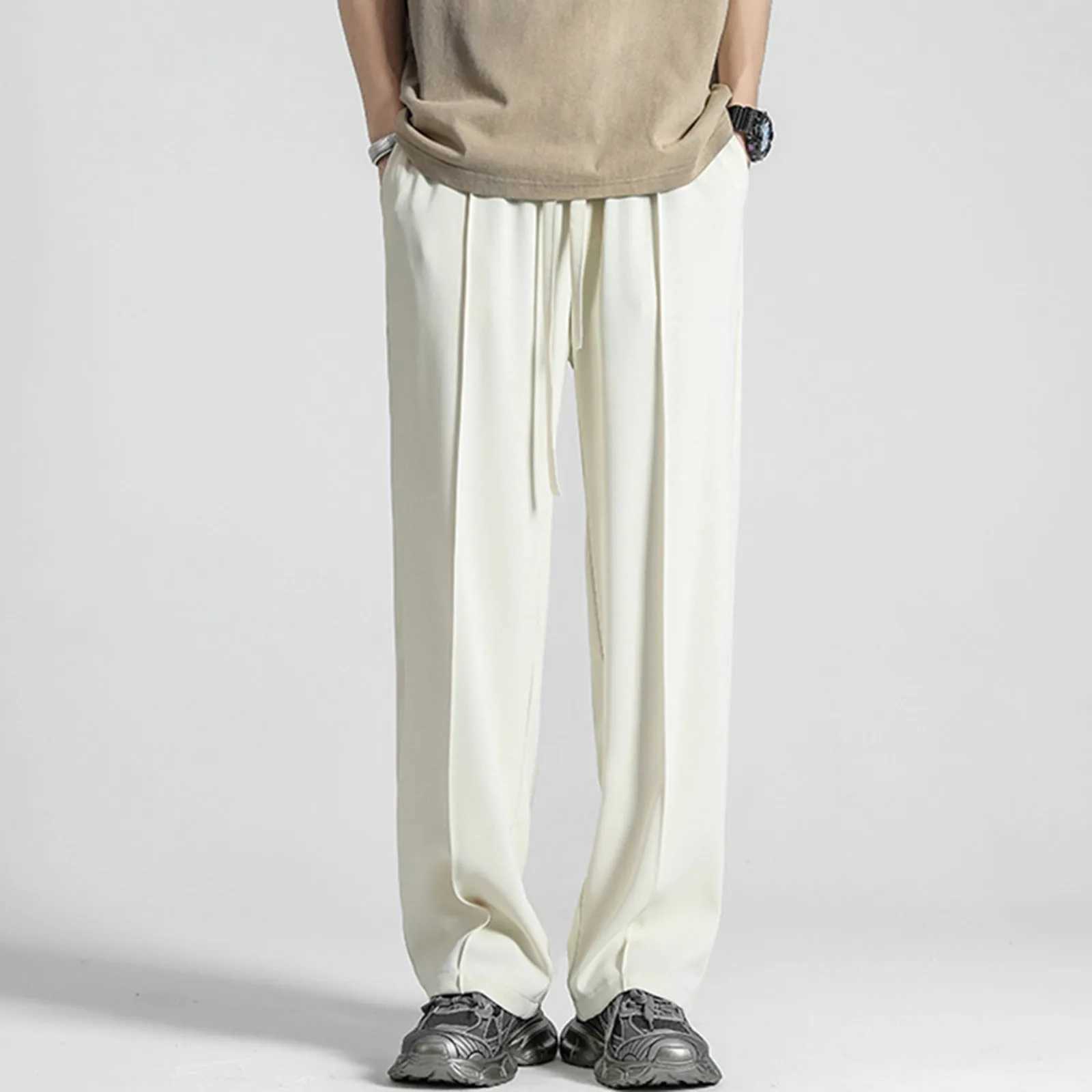 Ultra thin mens pants wide leg pants Trousers straight high waist solid color casual pants black and white khaki colorXJ250412