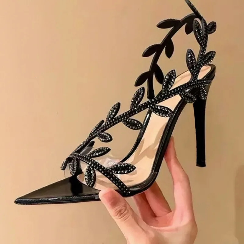 New Summer Women High-heeled Sandals Pointed Rhinestone Leaf Stiletto Sandals Temperament Fashion High Heels Shoes for Women R251113
