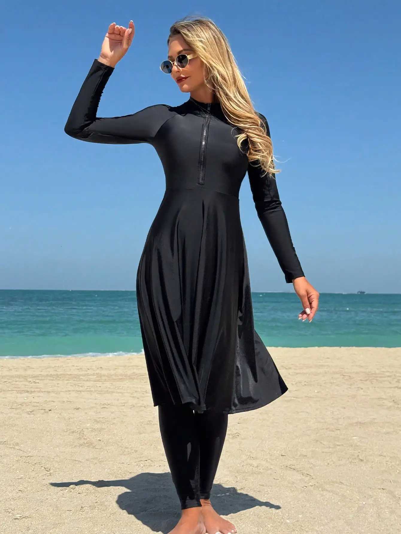 Elegant Black Womens Flesh-Covering Slimming Zipper Long-Sleeved Dress Pants Seaside Sun Protection Swimsuit Beach SuitW251113