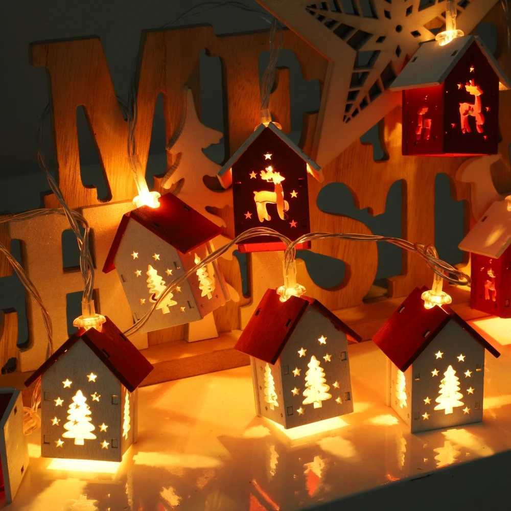 Cute Mini Christmas Wooden House Shaped String Lights Wood House LED Fairy Lamp Xmas Tree Hanging Lights for Christmas Home Noel M251113