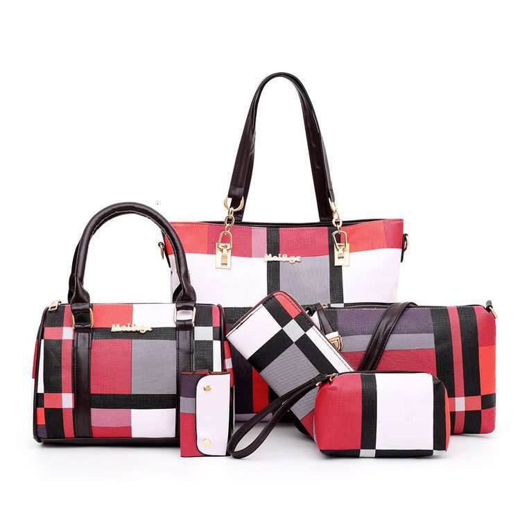 New grid six piece set mother tote with contrasting color trend, one shoulder portable women's bag