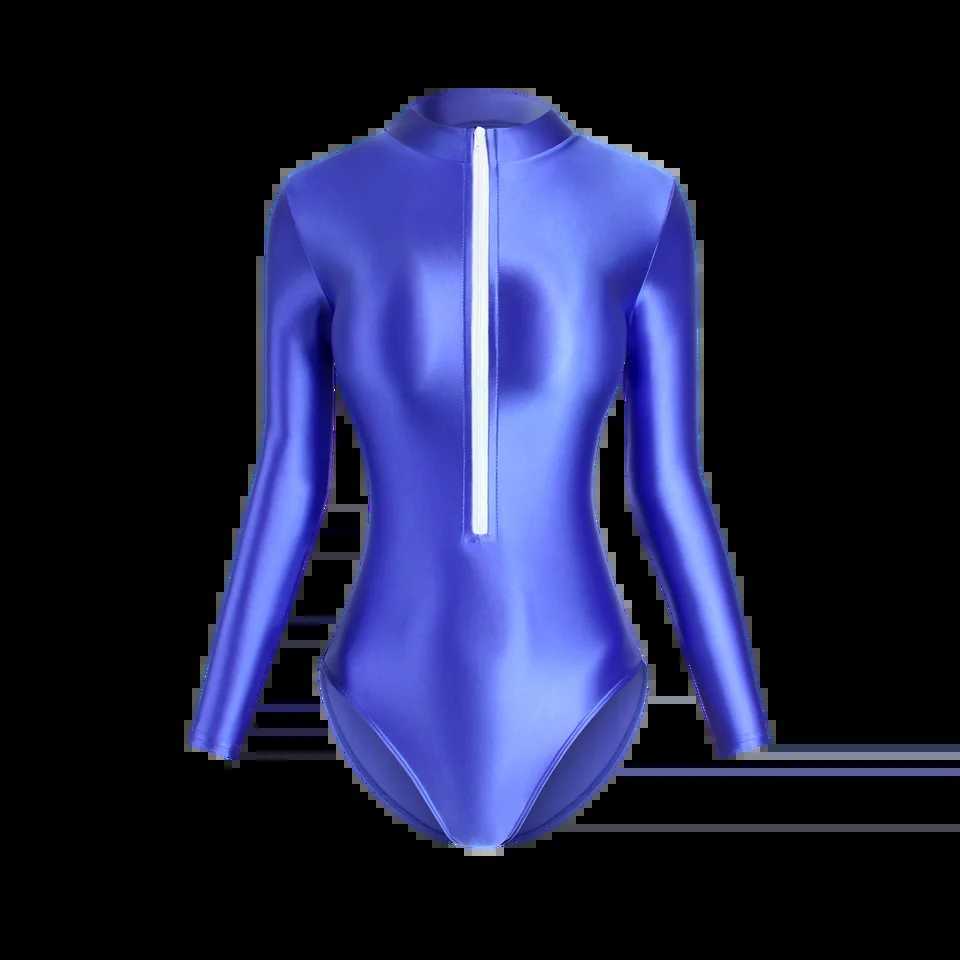 MJINM Women Satin Smooth Yoga Sports Front Zipper Bodysuits High Neck One Piece Swimsuit Oil Long Sleeve Leotards Surfing TightsW251113