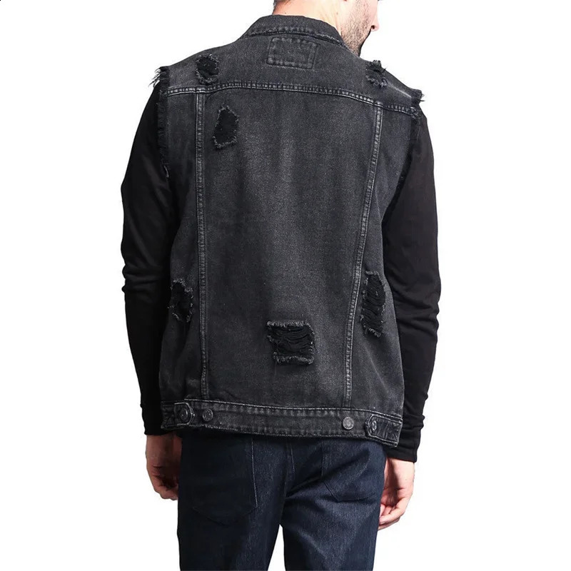 Western Cowboy Style Broken Holes Denim Vest Male Casual Lapel Cardigan Jeans Waistcoats Men Sleeveless Raw Cut Edge Jacket 250409
