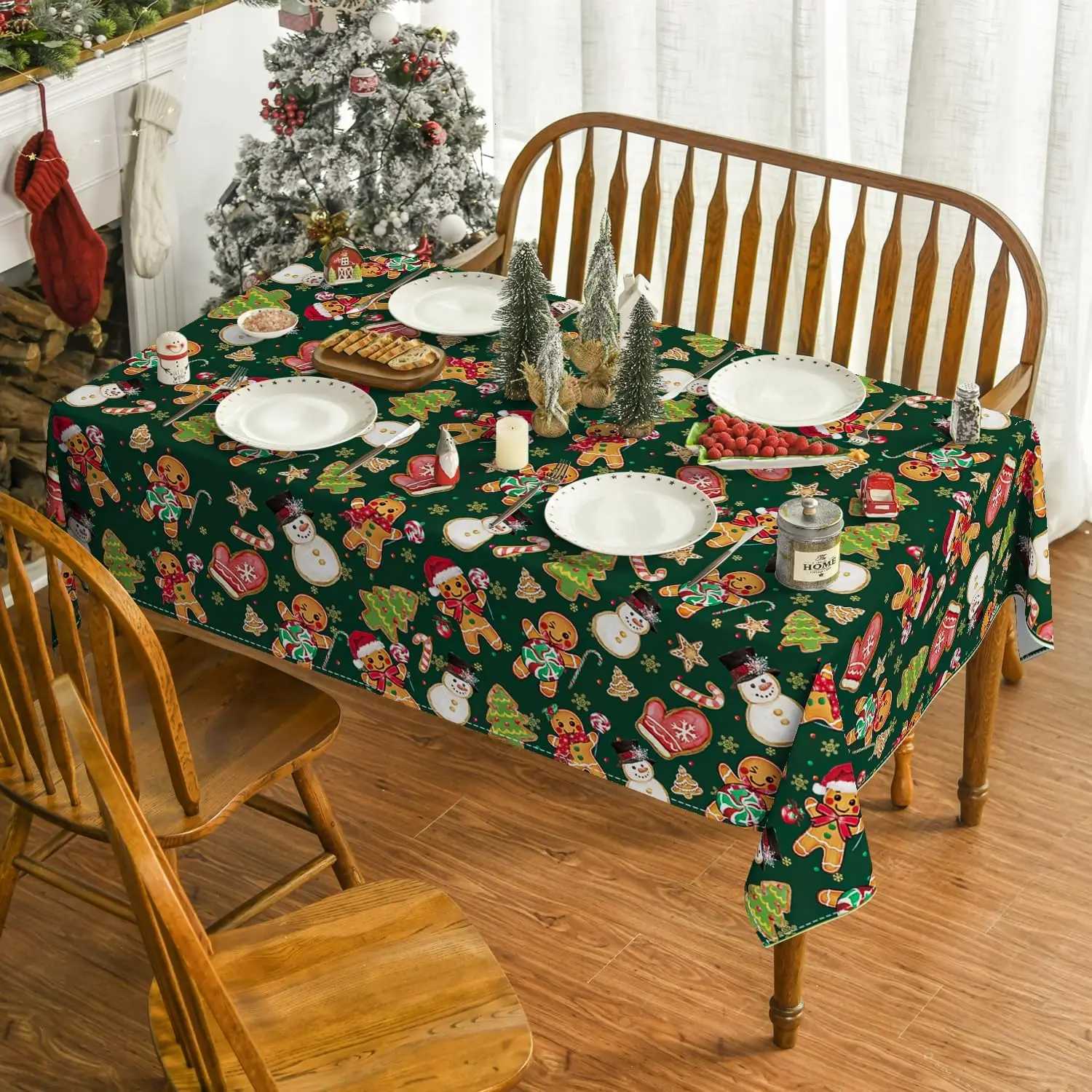 Christmas Merry Christmas Gingerbread Man Polyester Tablecloth for Table Decor Winter Xmas Kitchen Dining Table Cloth Christmas Decoration Y251113