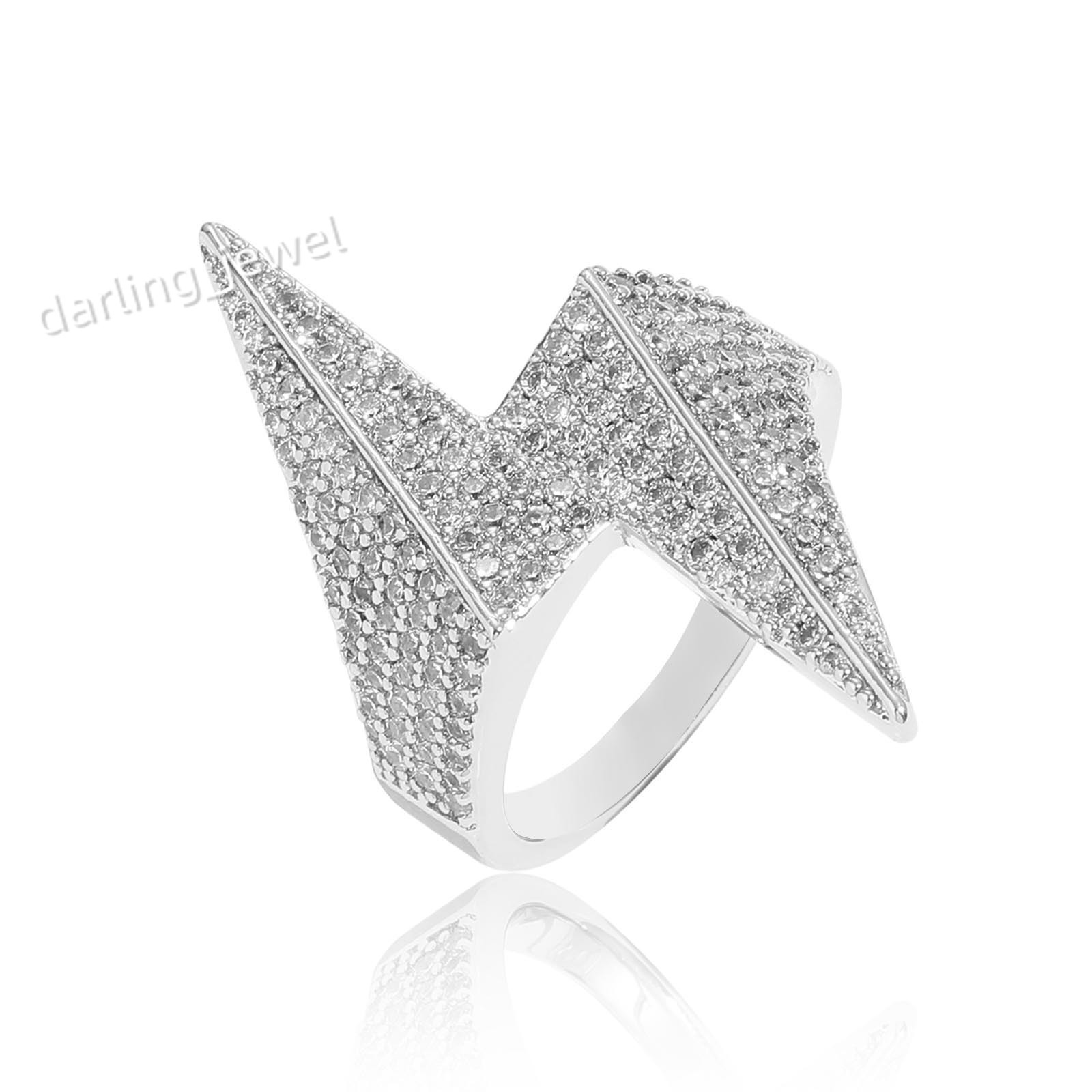 Mens Hip-Hop Fashion Ring Micro-Inlaid Zircon with Copper Three-Dimensional Lightning Design Simple Trendy Personalized Jewelry