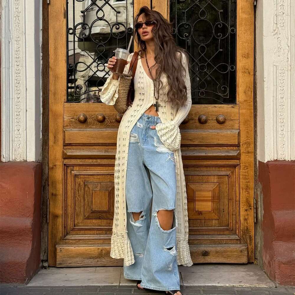 Hirigin Button Front Sleeve Sheer Open-Knit Long Cover-Up Jacket Women Autumn Beach Vacation Outfit Maxi Cardigan