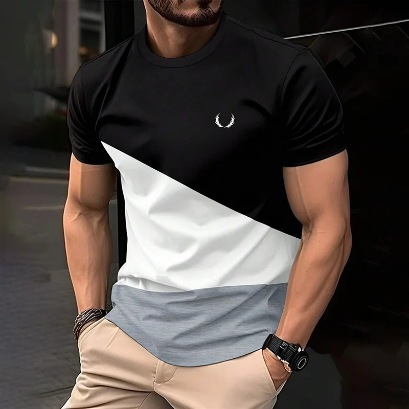 Simple contrasting color mens Tshirt fashionable summer short sleeved 3D printed childrens casual loose daily 250407