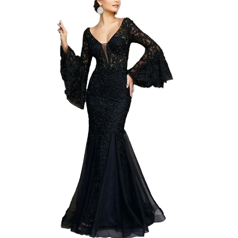 2025 New Womens Dress Lace Embroidered Fish Tail Black Slimming Evening Dress