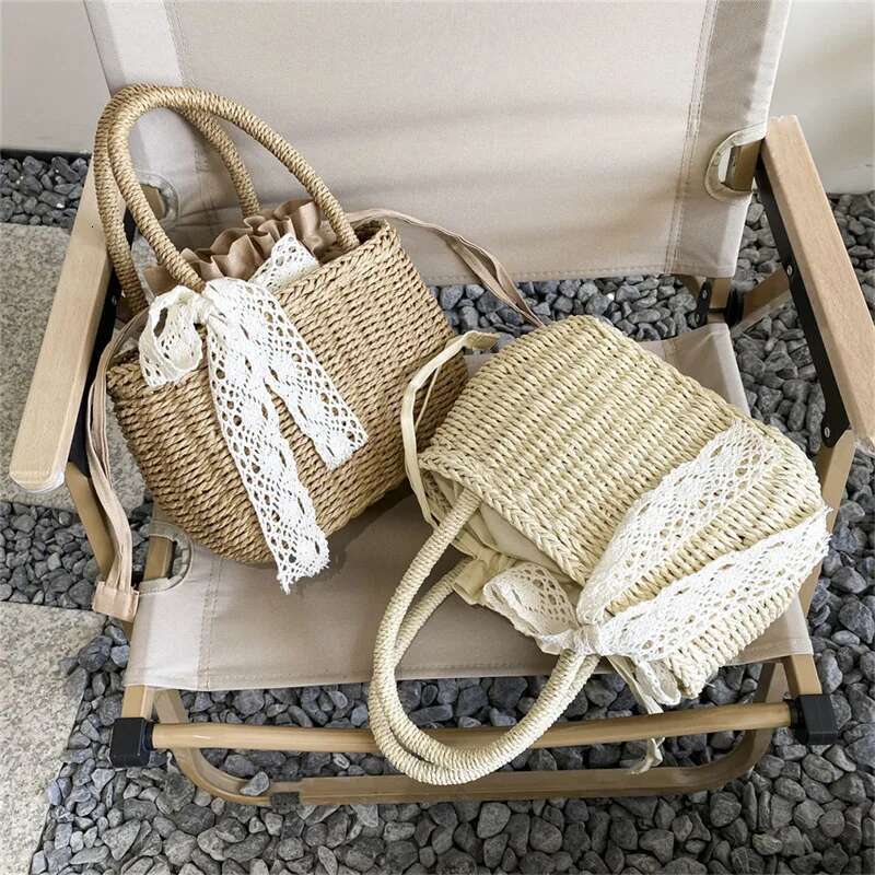 Handmade Beach Bag Women Straw Woven Drawstring Handbag Girls Solid Color Holiday Purse Crossbody Beach Bags Summer Rattan Tote Kq1
