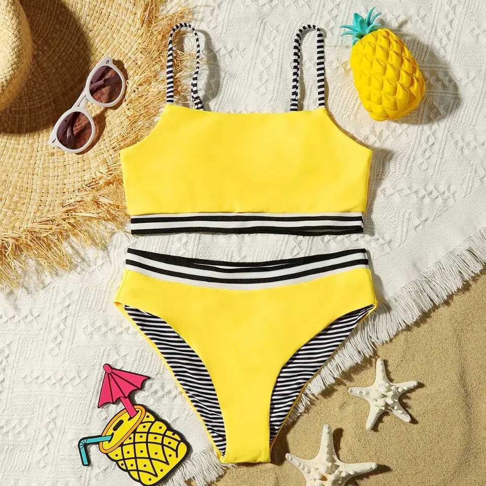 Tape Trim Girl Swimsuit Kids Sport Two Piece Childrens Swimwear 7-14 Years Teenage Bikini Set Girls Bathing Suit BeachwearW251113