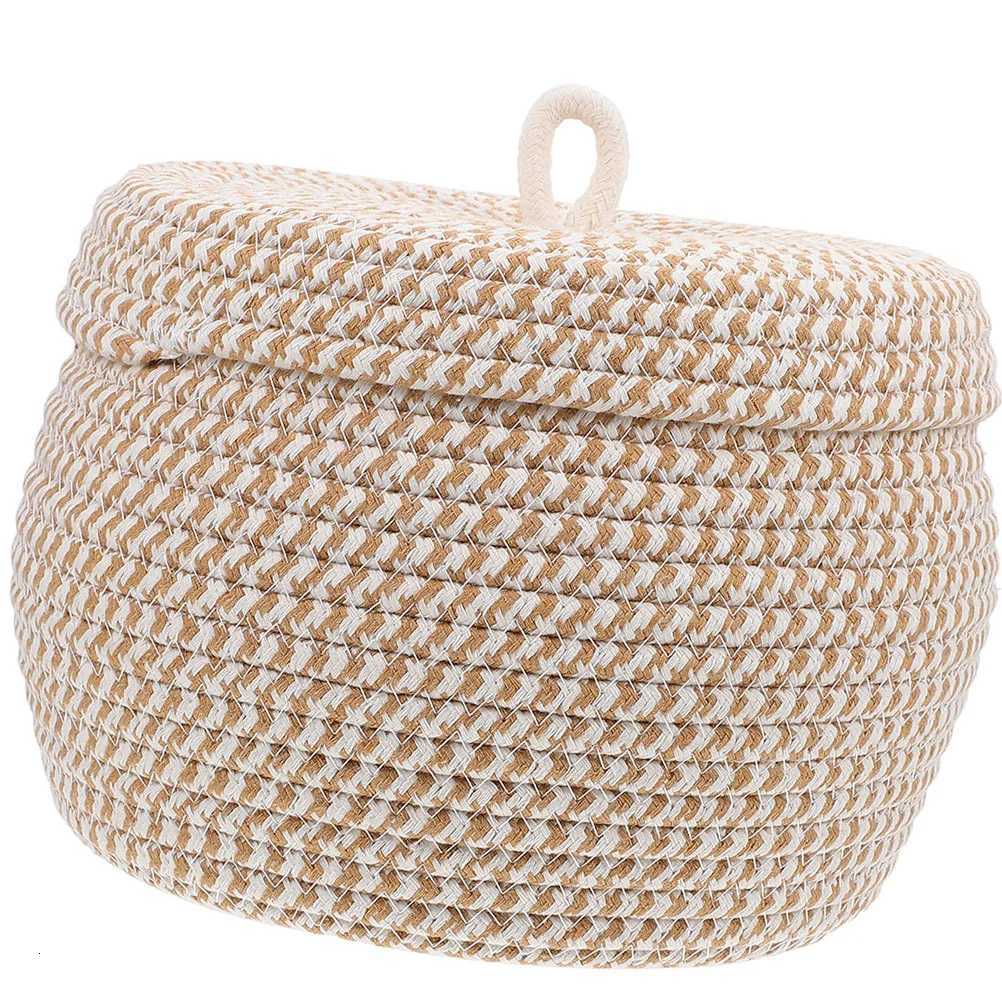 Cotton Rope Woven Basket Round Storage Basket Large Capacity Lid Organizer Decorative Storage for He Sundries Desktop Y251112