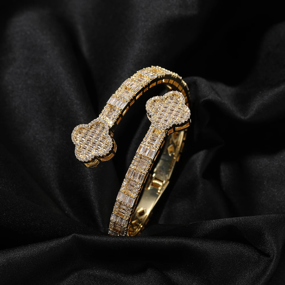 THE BLING KING Double Four Leaf Clover Cuff Bracelet For Women Prong Setting Baguette Cubic Zirconia Bangle Y2K Jewelry 251110