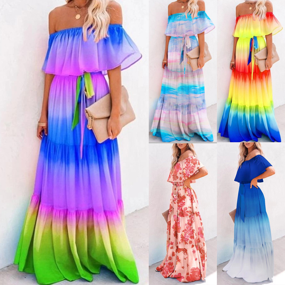 2025 New Womens Chest Wrapped Printed Big Swing Skirt Blue Dress