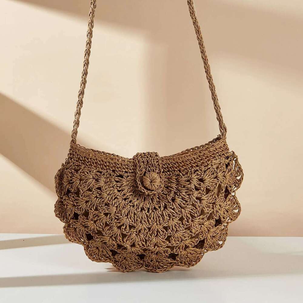 Single Shoulder Diagonal Cross Grass Beach Bag, Fan Wer Handmade Woven Mobile Phone Semi-Circular Bag